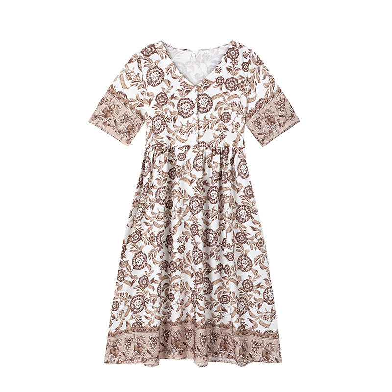Dame Elegant Floral Trykt Kjole med V-Udskæring og Korte Ærmer Stilla