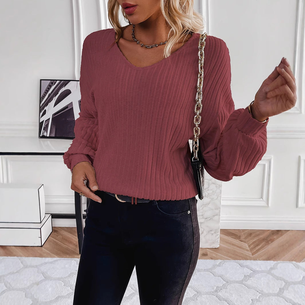 Dame afslappet ribpullover med V-hals Stilla