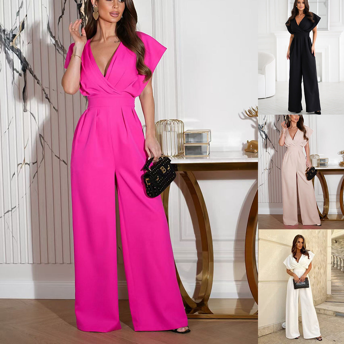 Dame jumpsuit med elegant V-udskæring og vidde ben Stilla