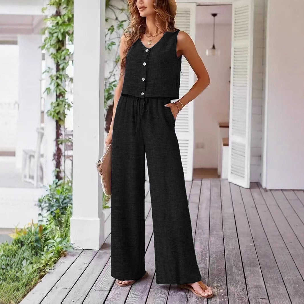 Dame leger jumpsuit med knaplukning og bredt ben Stilla