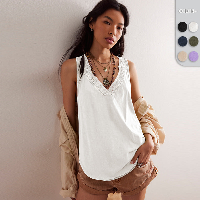 Dame afslappet spaghetti-top med romantiske spidsdetaljer og dyb V-udskæring Stilla