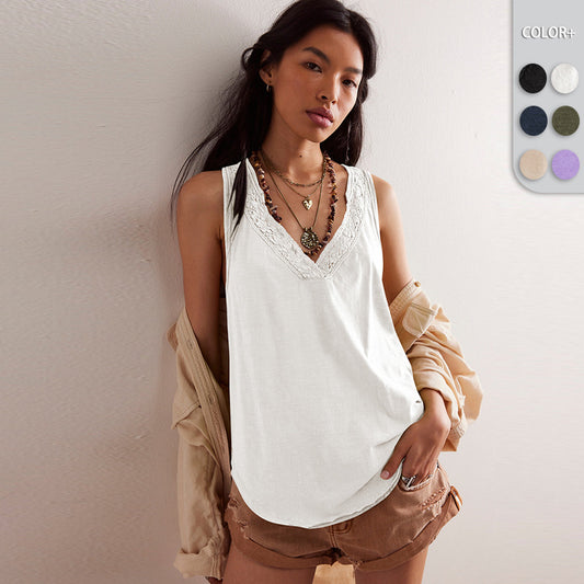 Dame afslappet spaghetti-top med romantiske spidsdetaljer og dyb V-udskæring Stilla