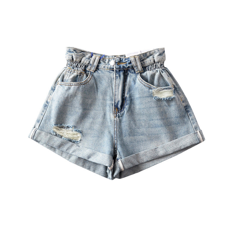 Dame Denim-shorts med frynset detaljer og elastisk talje Stilla