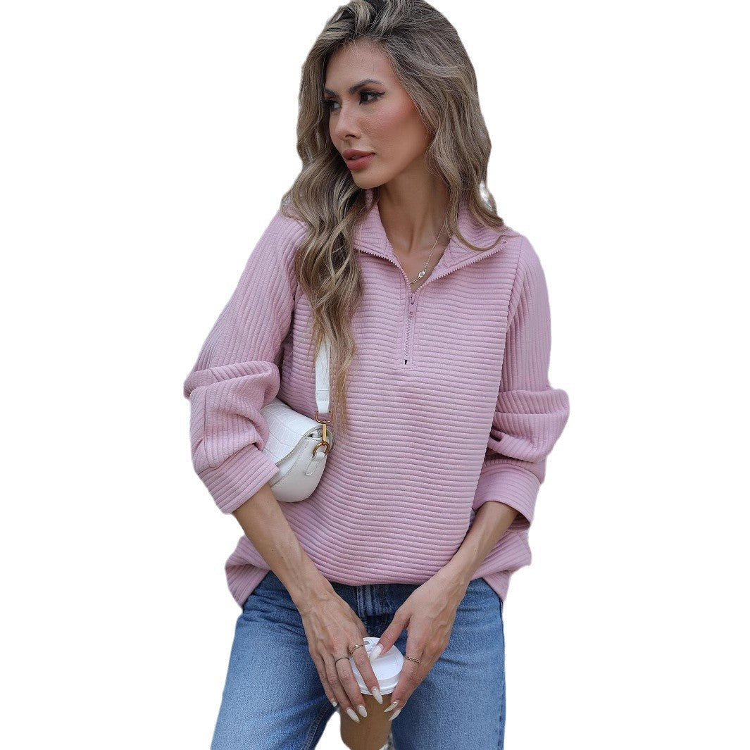 Dame afslappet pullover med halv lynlås og ribstruktur Stilla