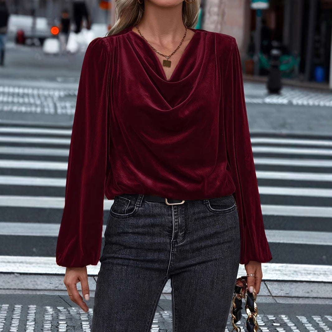 Dame elegant bluse med draperet udskæring og ballonærmer Stilla