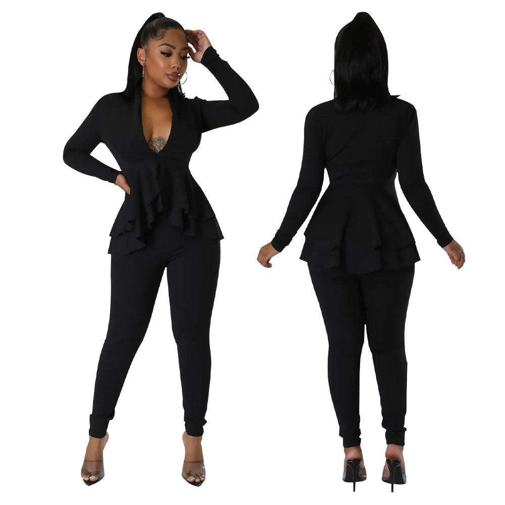 Dame elegant Jumpsuit med ruffles og dyb V-udskæring Stilla