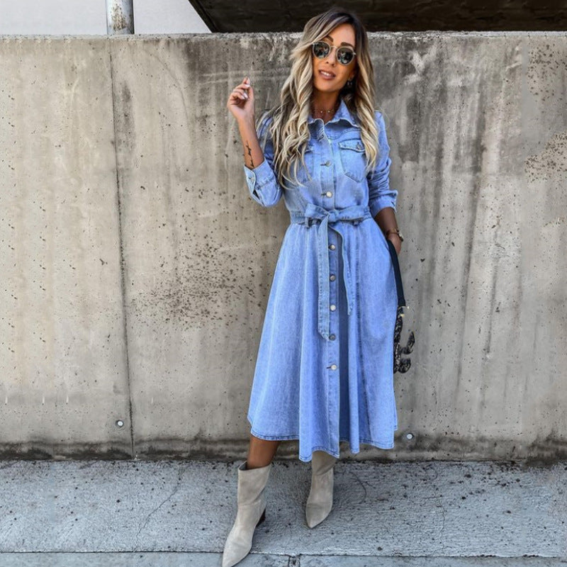 Dame Denim Midi Skjortekjole med Taljebælte Stilla