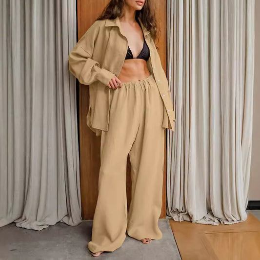 Dame afslappet linned skjorte og palazzo bukser sæt Stilla