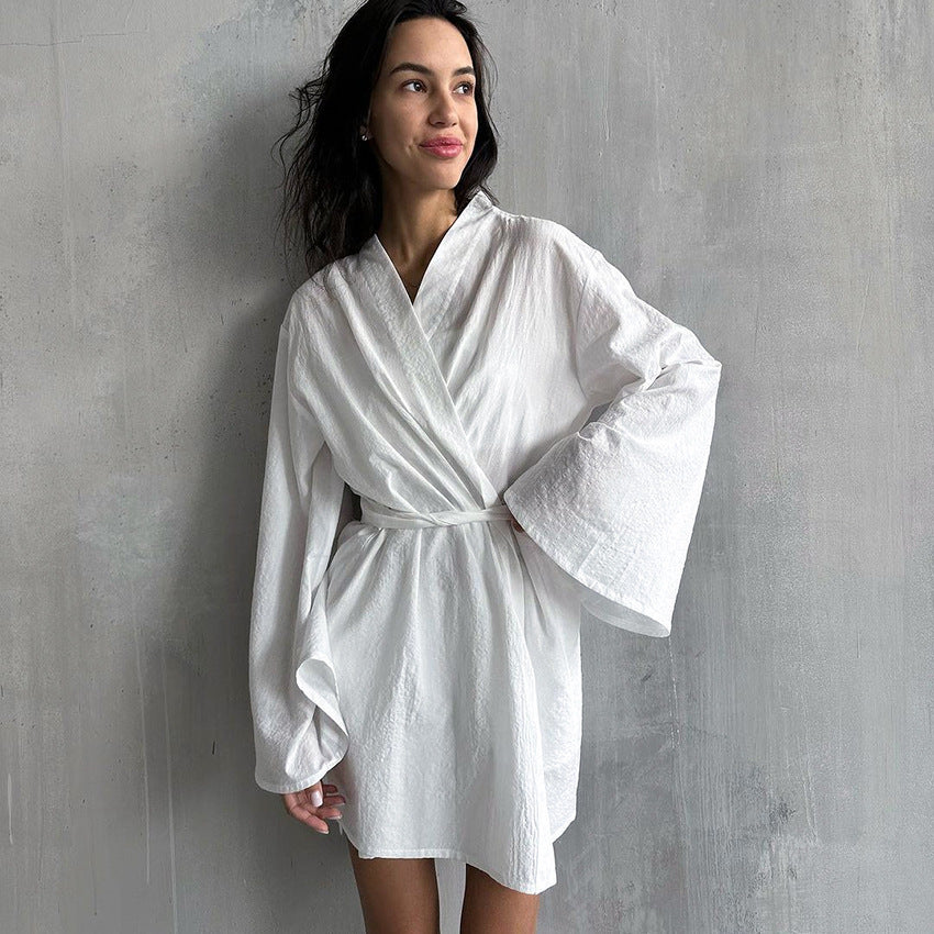 Dame elegant Kimono-kåbe med bred ærme og taljebælte Stilla