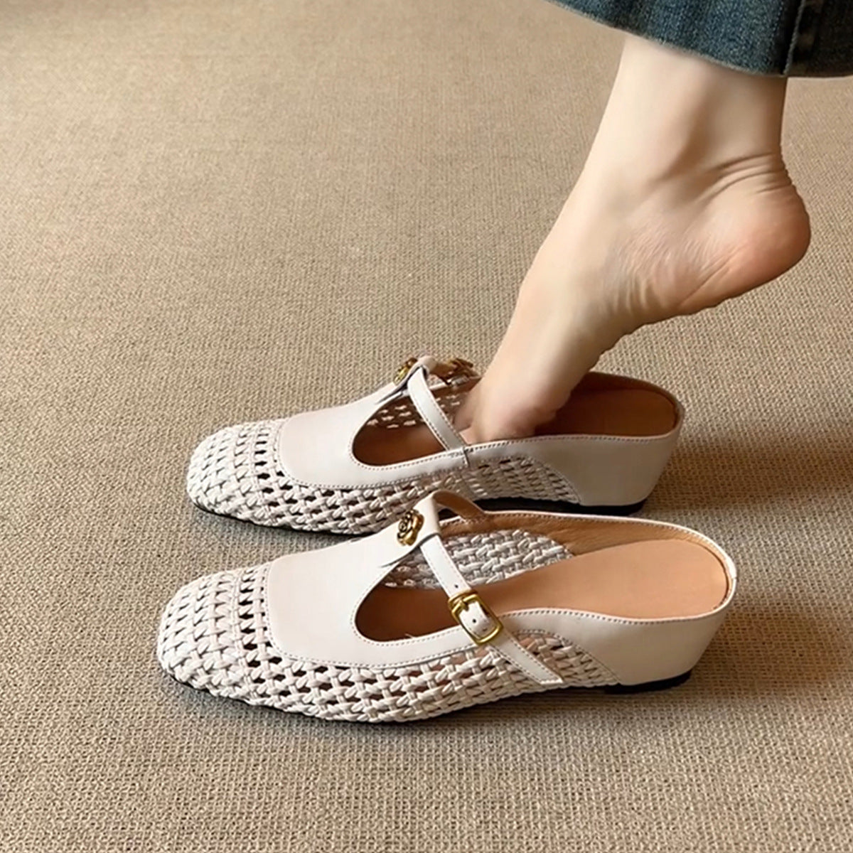 Dame Woven Mary Jane Slide Mules med dekorativ rem Stilla