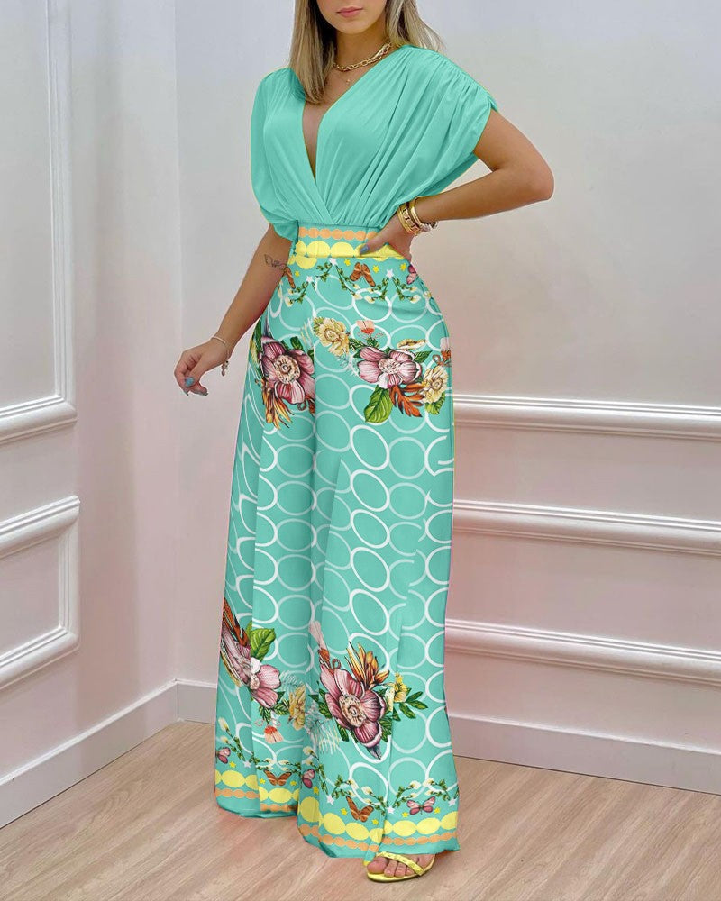 Dame Elegant Jumpsuit med blomsterdesign og dyb V-udskæring Stilla