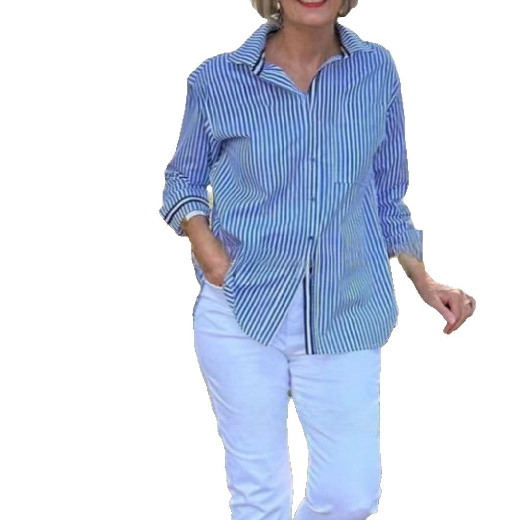 Dame afslappet bomulds skjorte med fine striber og brystlomme Stilla