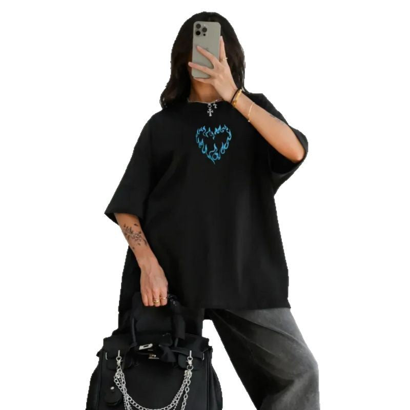 Dame afslappet grafik T-shirt med kreativ flammerhjerte-design Stilla