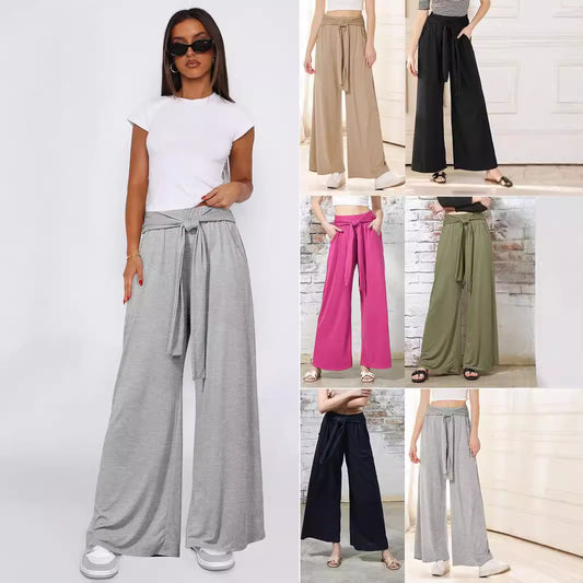 Dame elegant højtaljede bukser med bindebælte og bredt ben Stilla