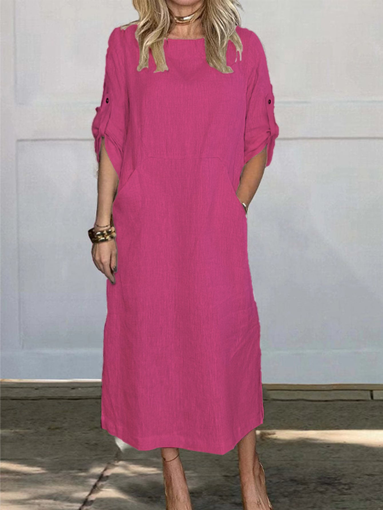 Dame afslappet maxikjole med praktiske lommer og oppullede ærmer Stilla