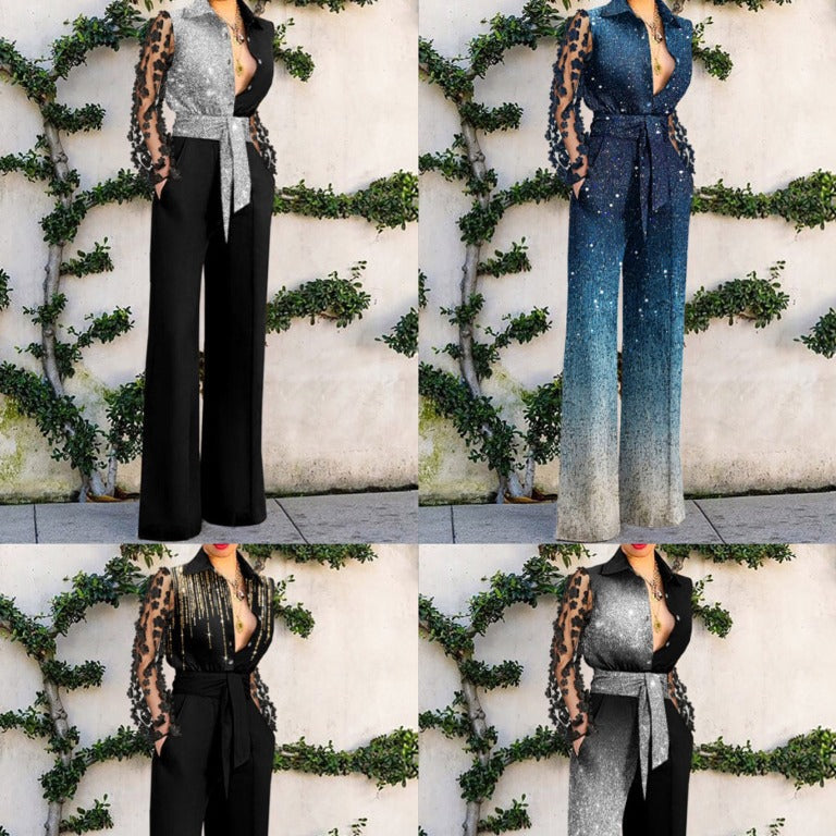 Dame Elegant Jumpsuit med gennemsigtige ærmer og glimtende accenter Stilla