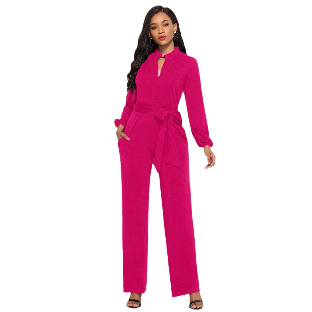 Damer Elegant Langærmet Jumpsuit med Talje bånd og Knapdetaljer Stilla