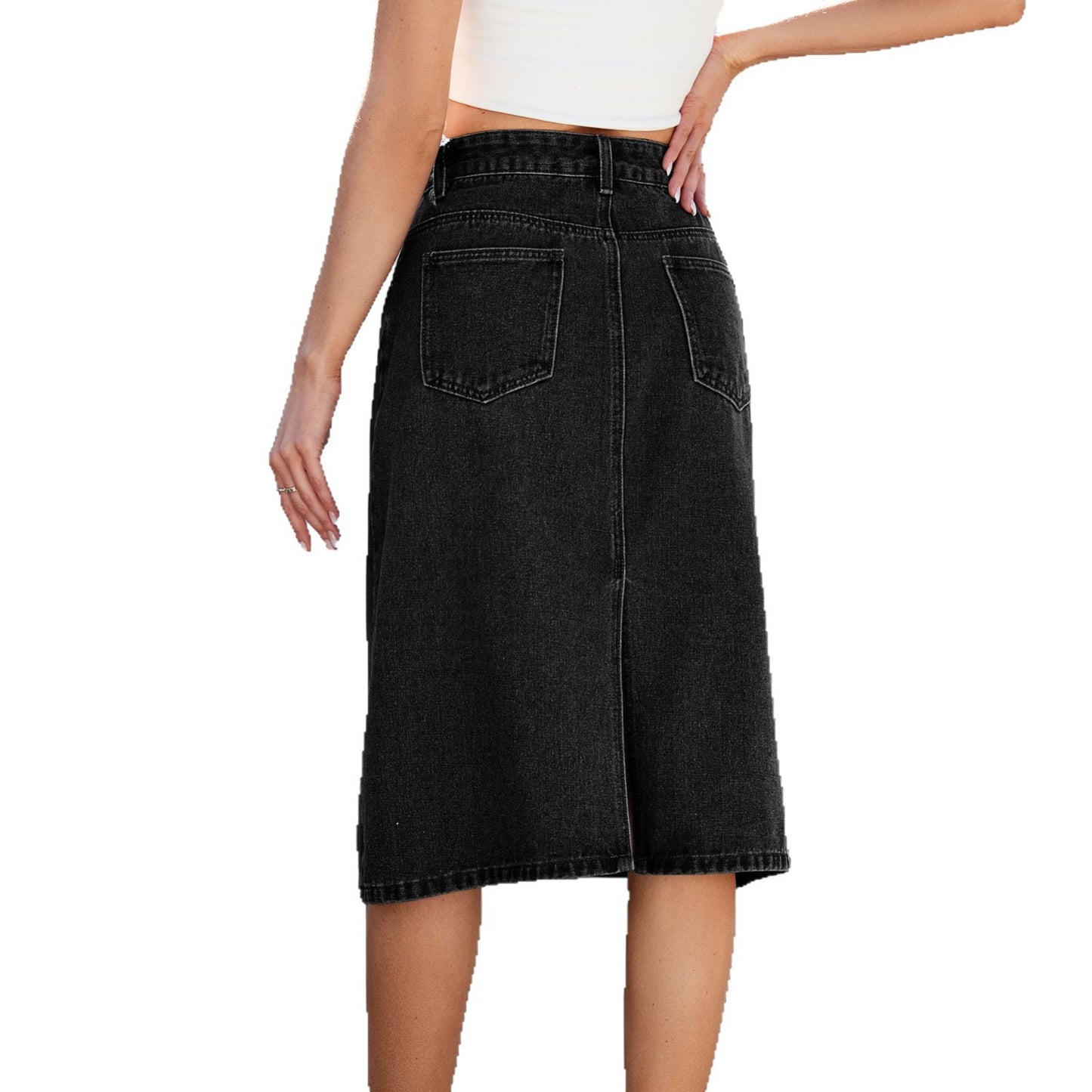Dame denim midi skirt med asymmetrisk snit og høj talje Stilla