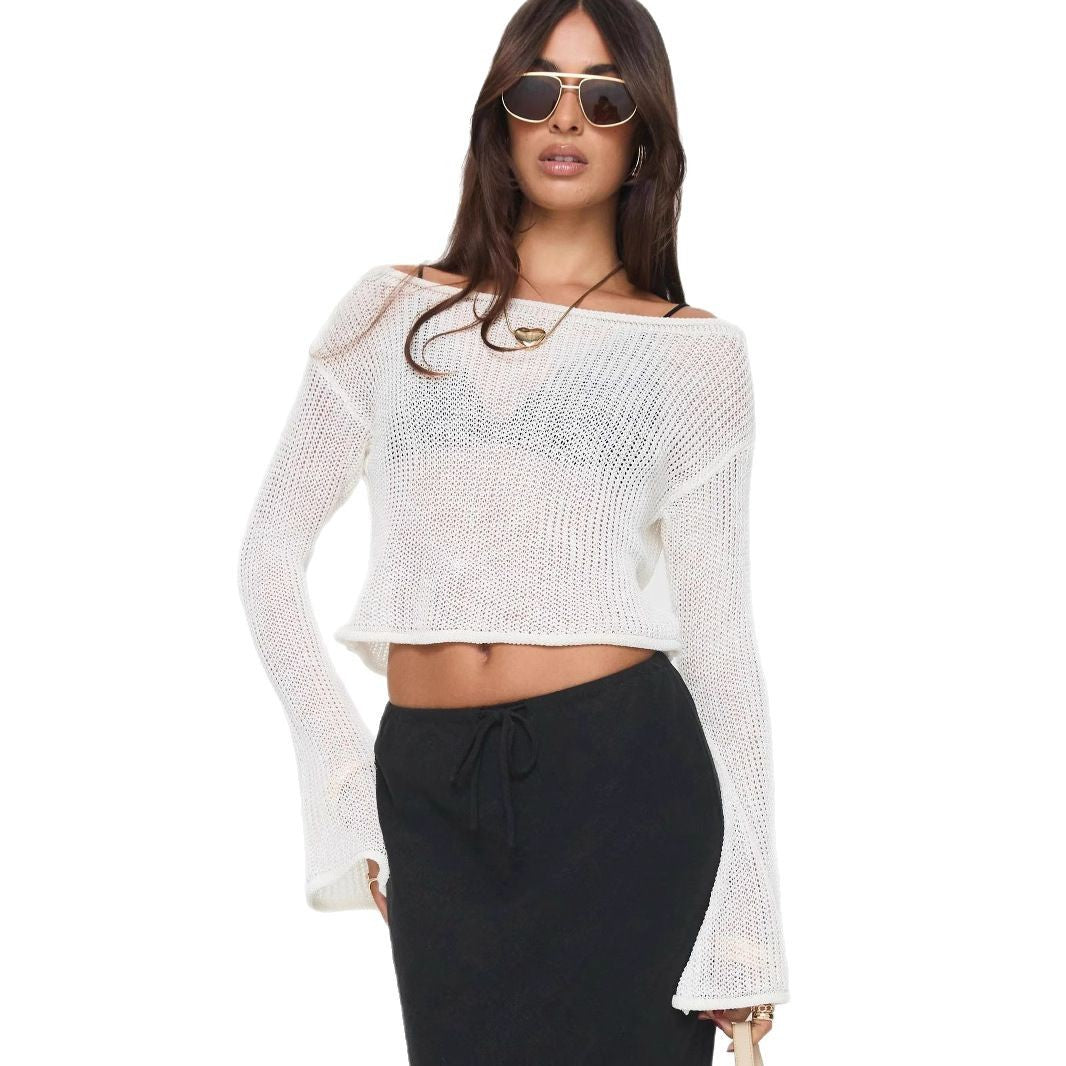 Dame afslappet cropped sweater i åbent strikdesign Stilla