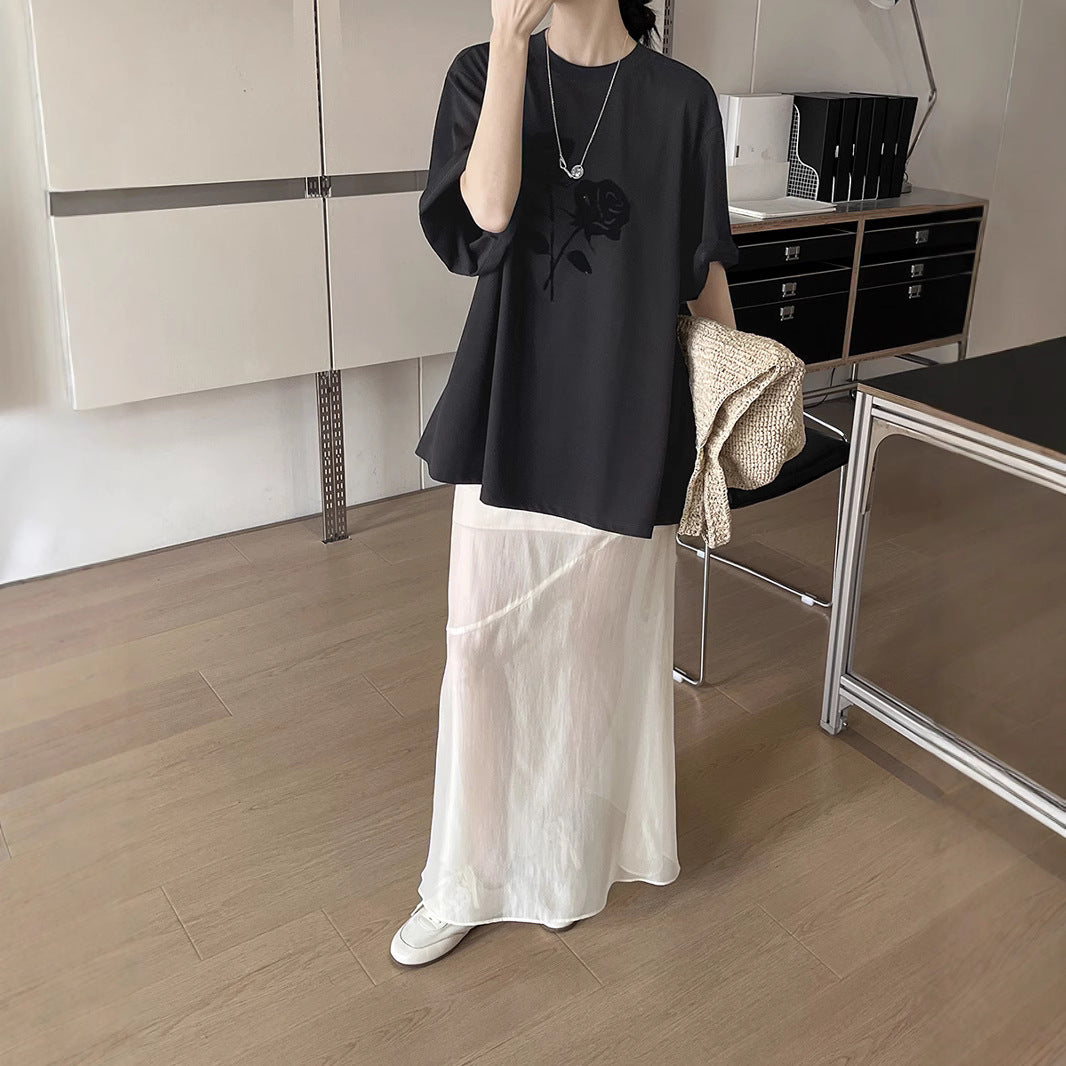 Dame afslappet oversized T-shirt med blomstermotiv Stilla