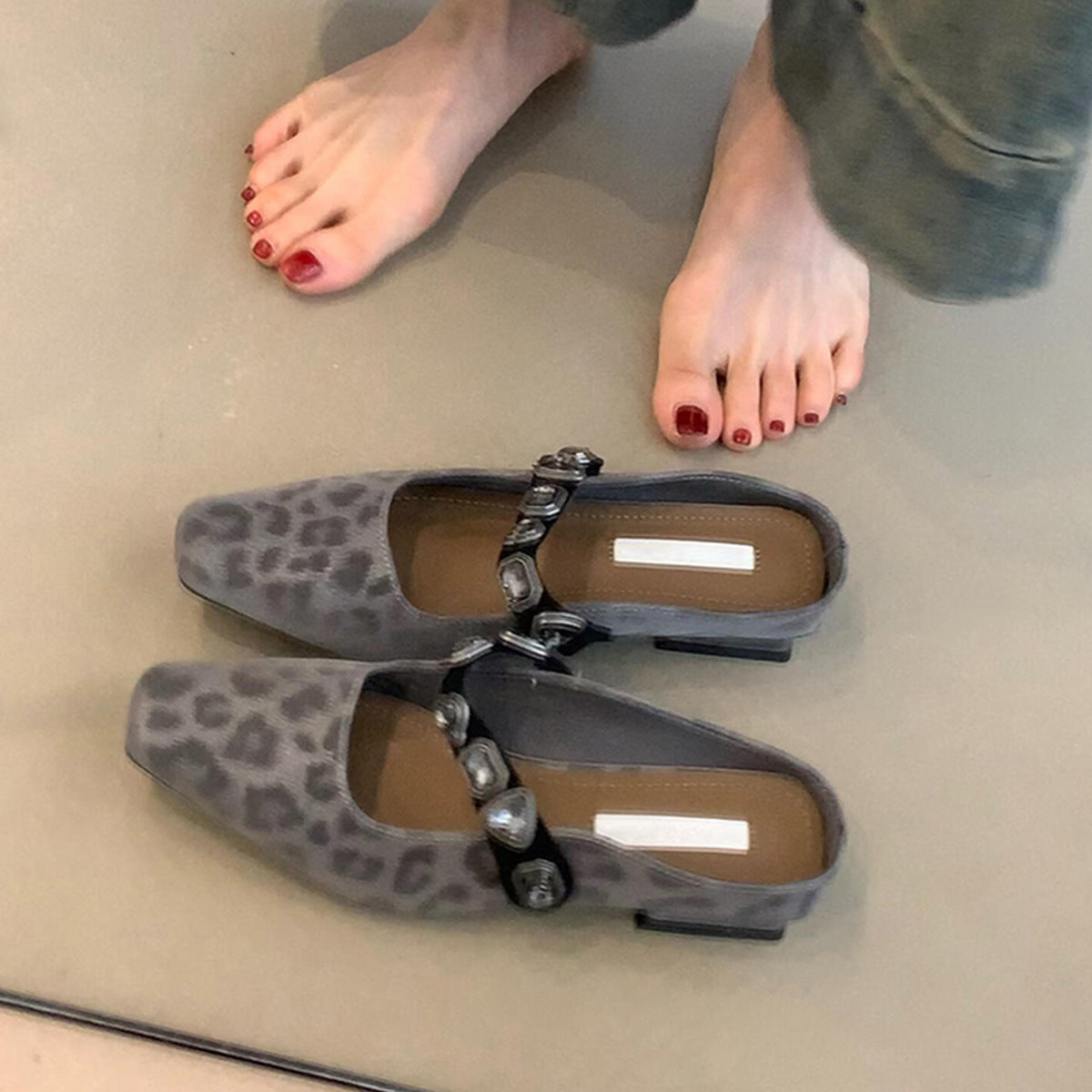 Dame elegant firkantet tå Slingback Mules med dekorativ rem Stilla