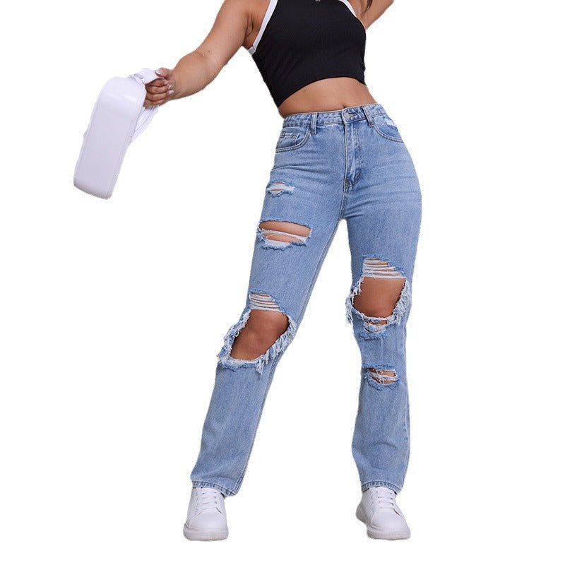 Dame Destroyed Jeans med moderne høj talje snit og iøjnefaldende revnedetaljer Stilla