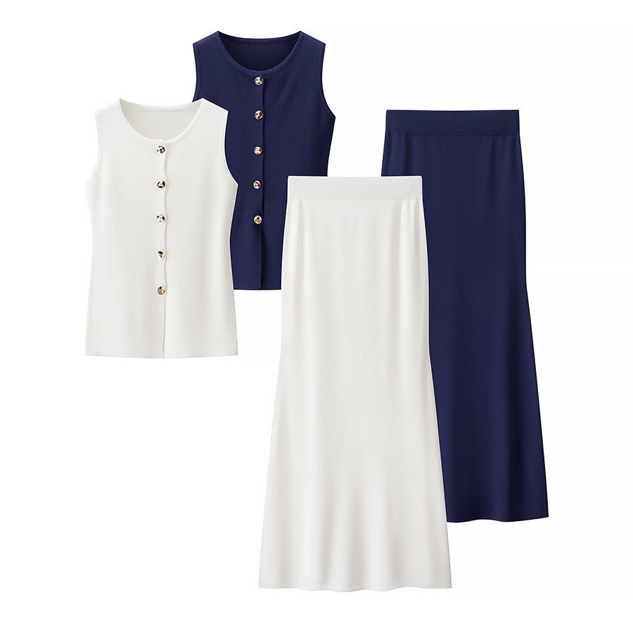 Dame Elegant 2-delt sæt med knapdetaljer og flagrende nederdel Stilla