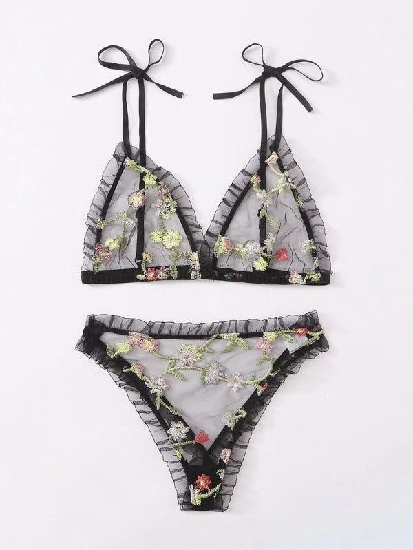 Dame broderet chiffon bralette og bikini sæt Stilla