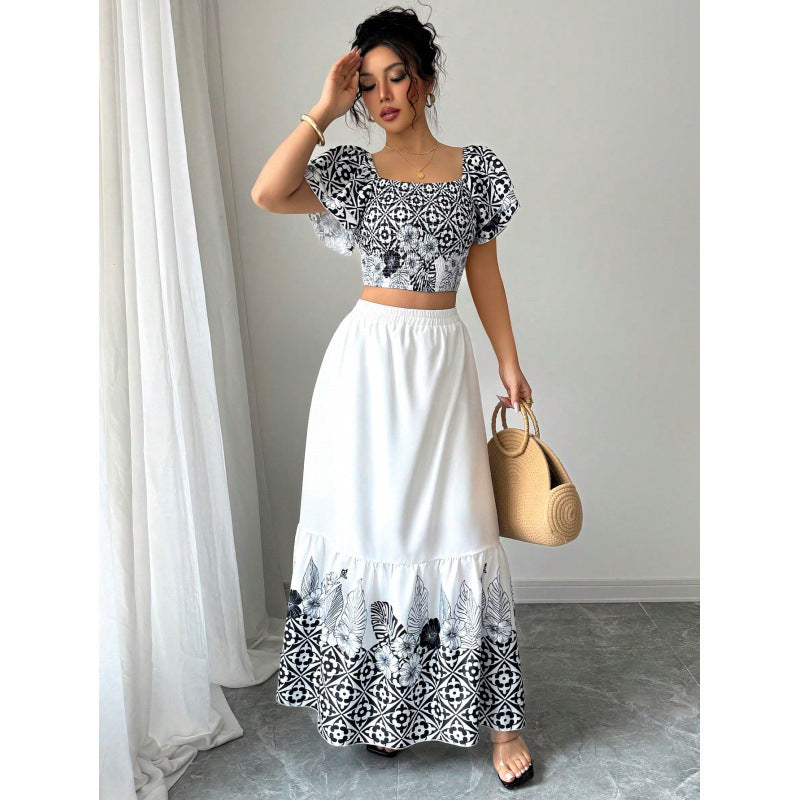 Dame Crop-top med voluminøse ærmer og elegant nederdel Stilla