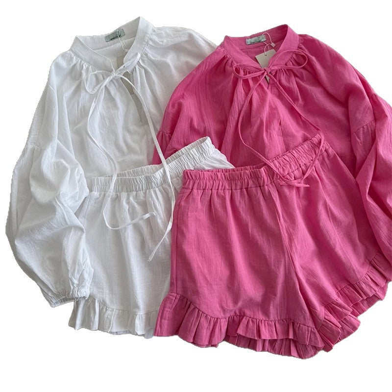 Dame Linned Shorts-Sæt med voluminøse ærmer og flæsedetaljer Stilla