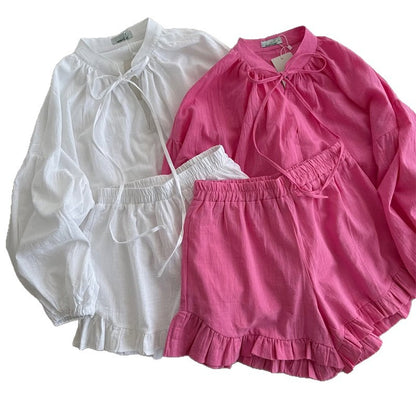 Dame Linned Shorts-Sæt med voluminøse ærmer og flæsedetaljer Stilla