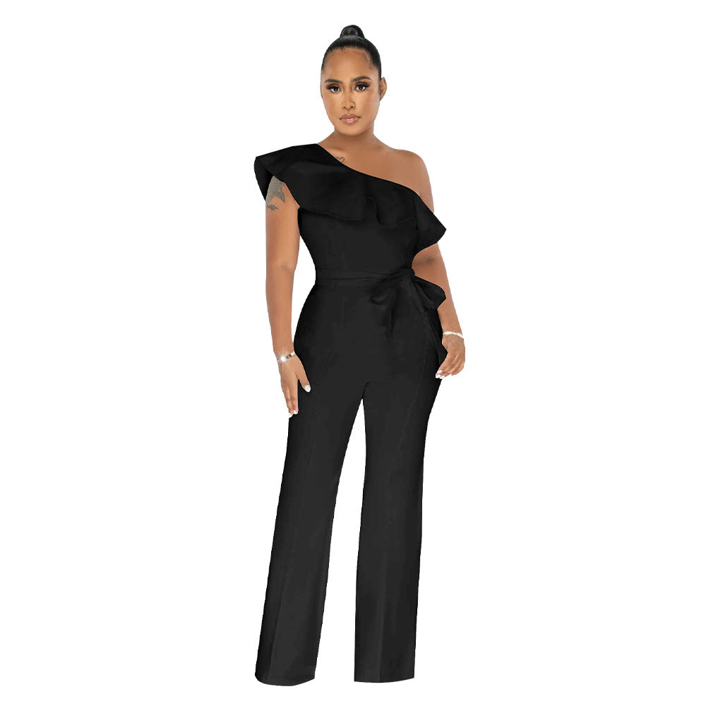 Dame Elegant One-Shoulder Jumpsuit med Rynke Detaljer og Taljebælte Stilla
