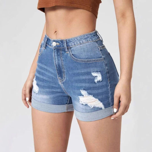 Dame High-Waist Jeans-Shorts med destroyed detaljer og fashionable sømme Stilla
