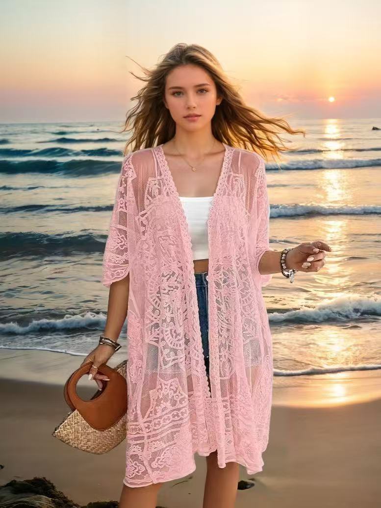 Dame Elegant gennemsigtig Kimono med spidsudsmykning Stilla