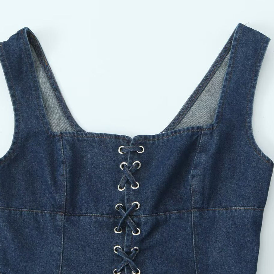 Dame afslappet denim-overdel med snøring og figursyet snit Stilla