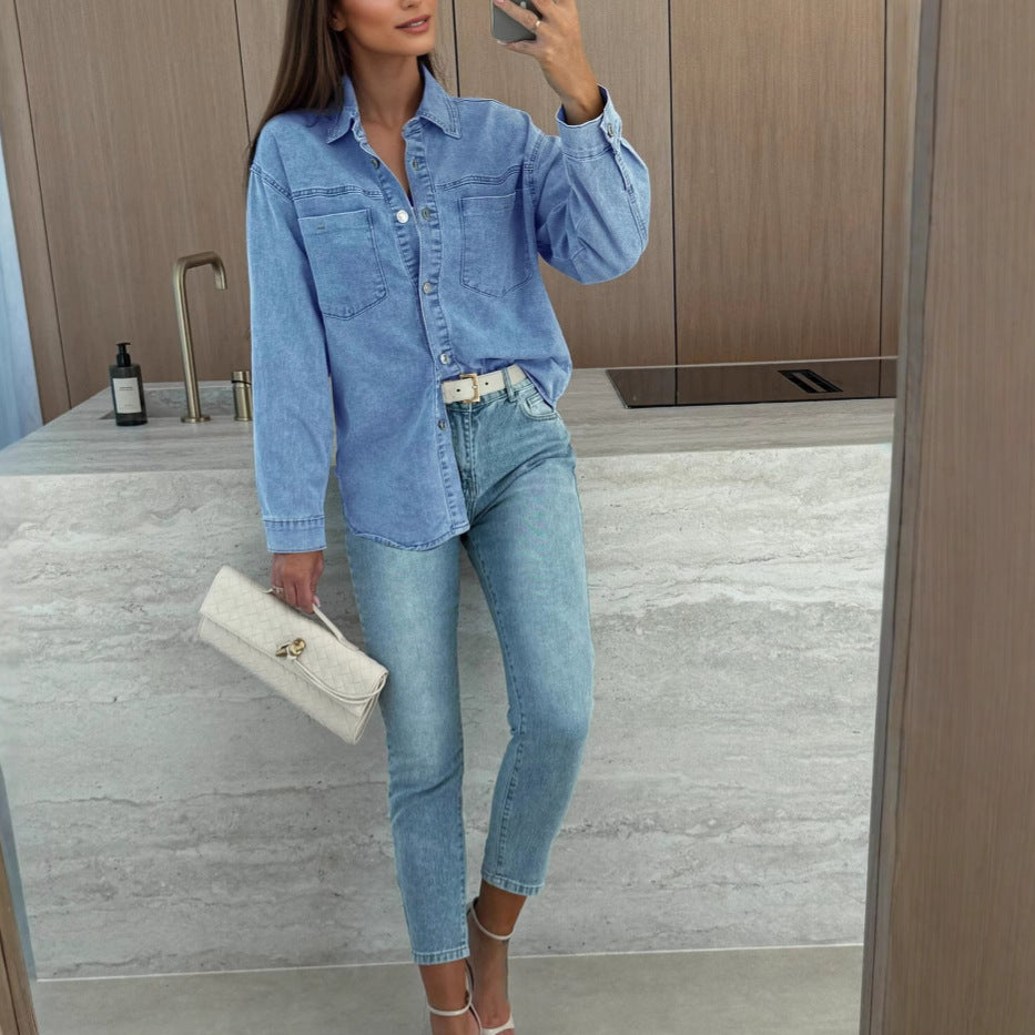 Dame afslappet denimbluse i oversized stil med lommer Stilla