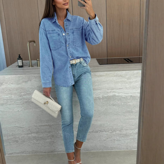 Dame afslappet denimbluse i oversized stil med lommer Stilla