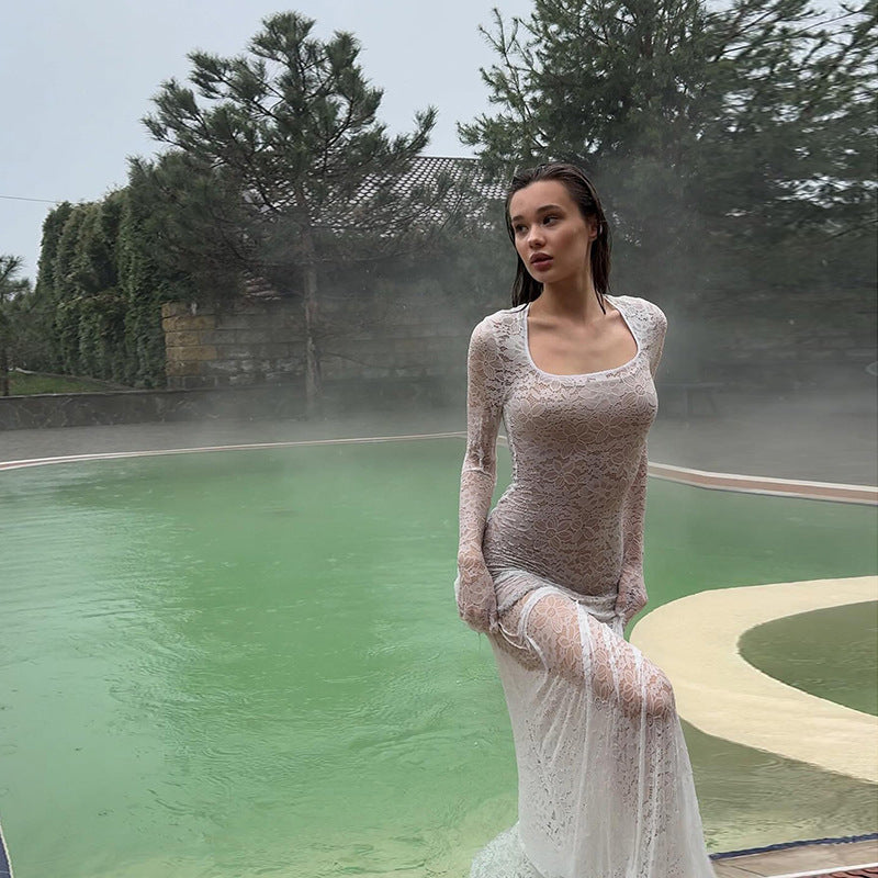 Dame Elegant gennemsigtigt hæklede kjole med lange ærmer Stilla