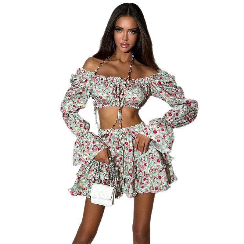 Dame Crop-Top og Shorts Sæt med Volanter og Pufærmer Stilla