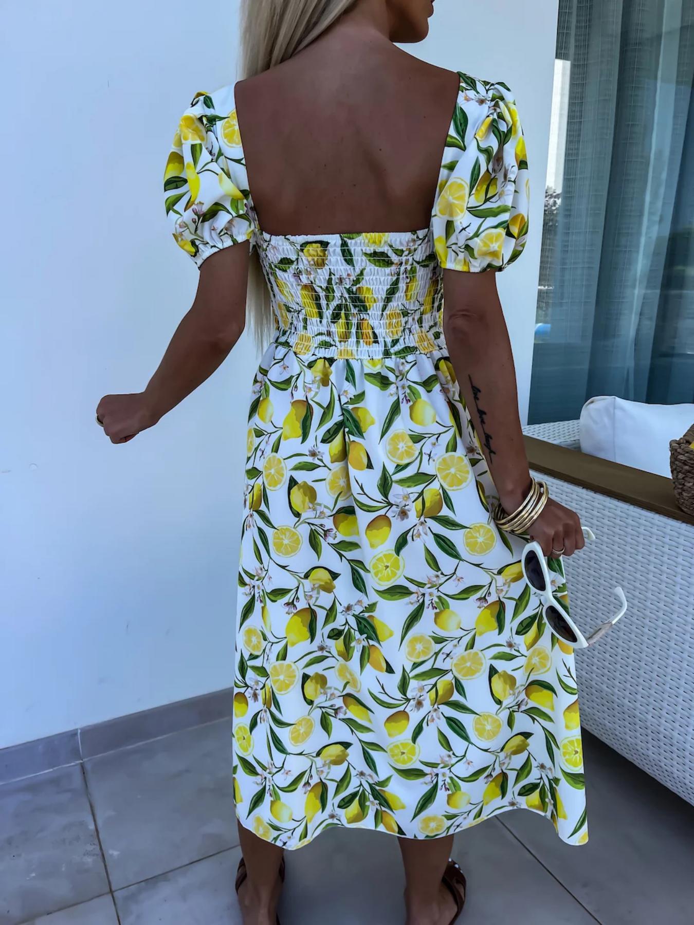 Dame Cut-Out Citron-Print Midi Kjole Stilla