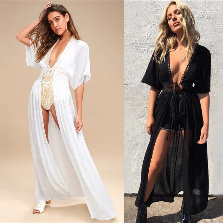 Dame elegant gennemsigtig strandovertræk med kunstneriske hæklede accenter Stilla