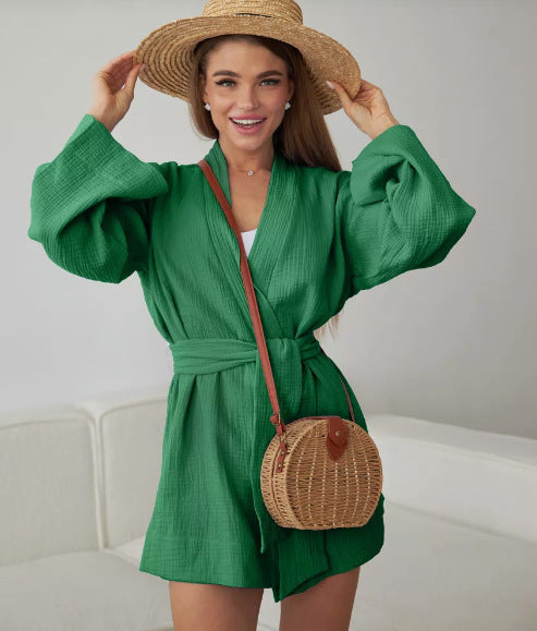 Dame afslappet Kimono-jakke med bælte og åbne ærmer Stilla