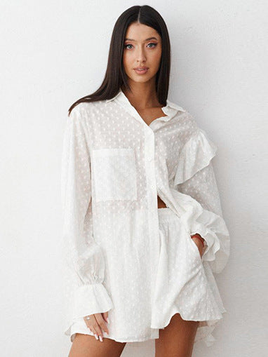 Dame afslappet skjortekjole sæt med flæsedetaljer og transparent stof Stilla