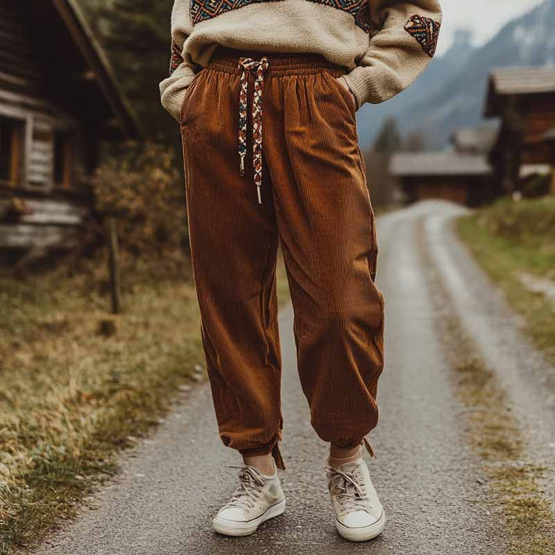 Dame afslappede cordbukser med elastisk liv og farverige snørebånd Stilla