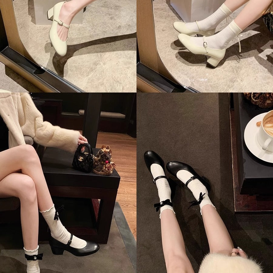 Dame Elegant Chunky Heel Mary Jane Pumps med Dekorativ Rem Stilla
