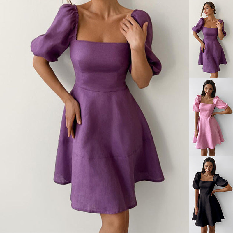 Dame A-linje mini kjole med voluminøse puffærmer og elegant udskæring Stilla