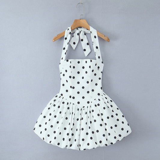 Dame A-linje sommerkjole med polka-dots og flæser Stilla