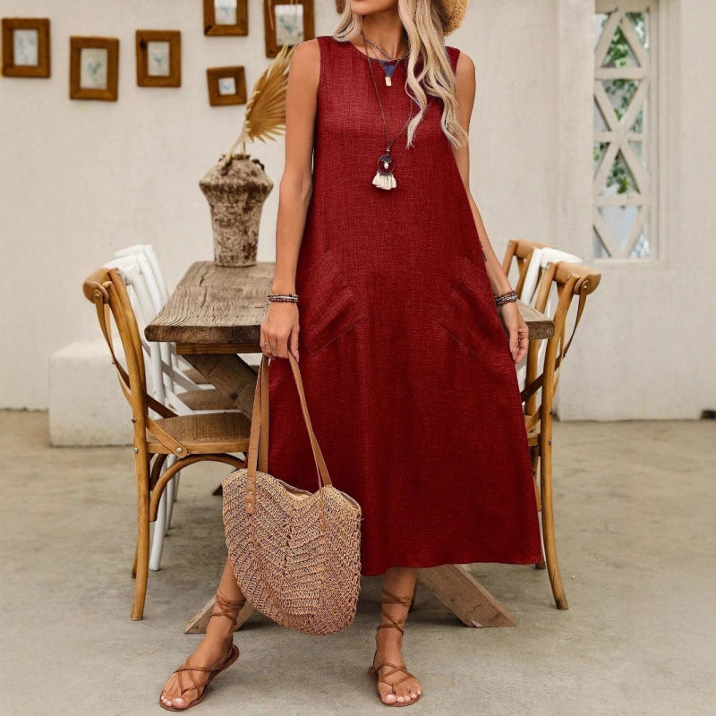 Dame afslappet maxikjole med praktiske lommer og rynket snit Stilla