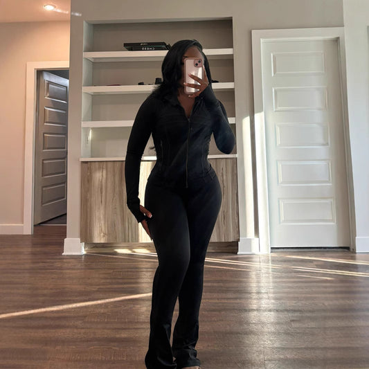 Damer Sporty Langeærmet Jumpsuit i Stretch-materiale med Lynlås Stilla