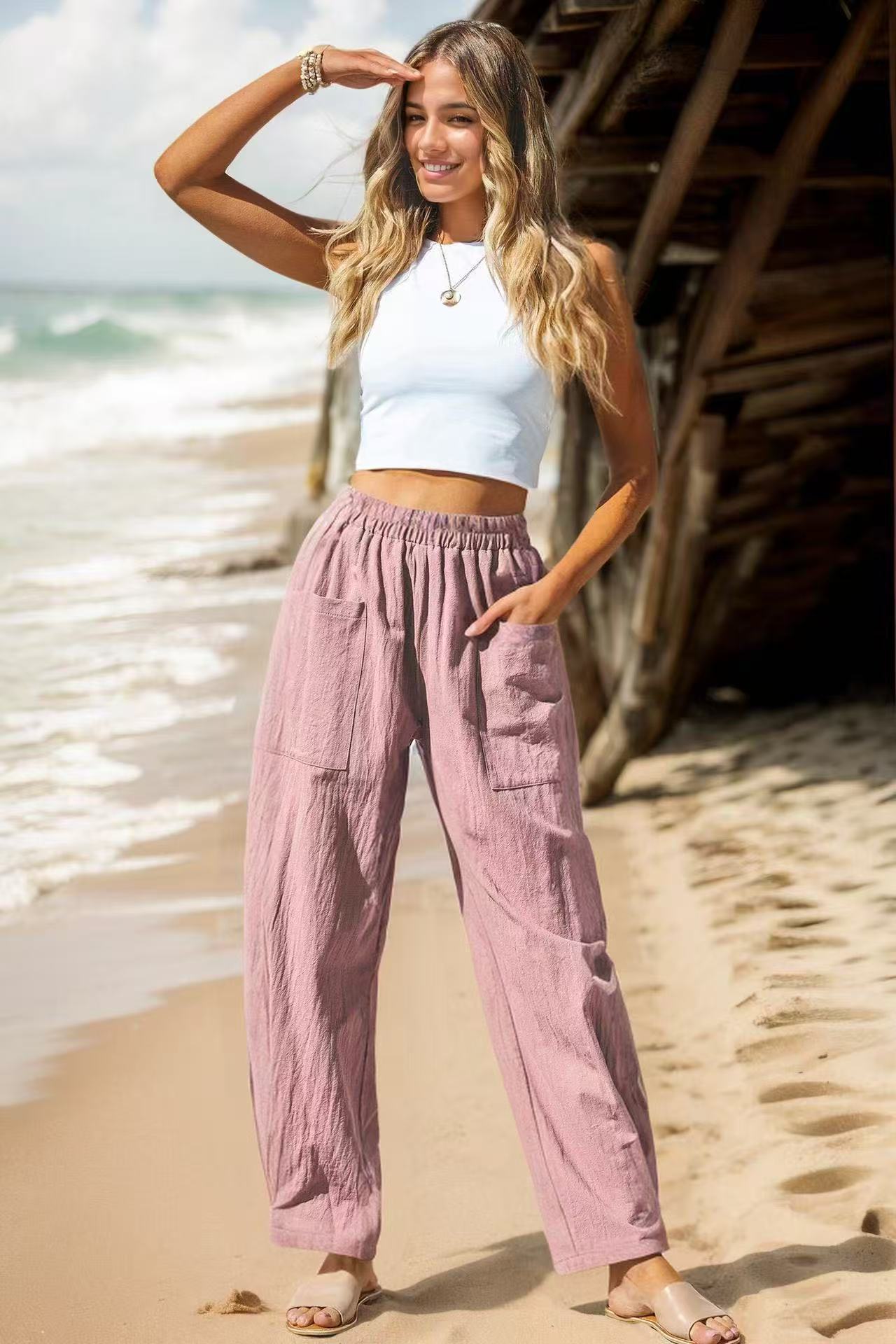 Dame afslappede, løse strandbukser med elastisk taljebånd og praktiske lommer Stiila